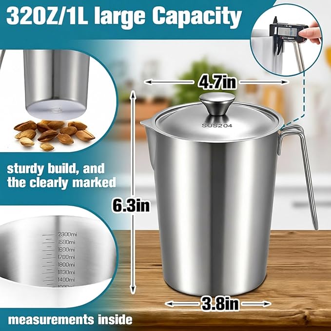 2 Pcs 1 L/32 oz Large Stainless Steel Pitcher with Lid, Metal Measuring Cup, Large Mouth Graduated Beakers with Handle, Milk Frothing Jug for Espresso Machine, Latte Art, Hot/cold Water