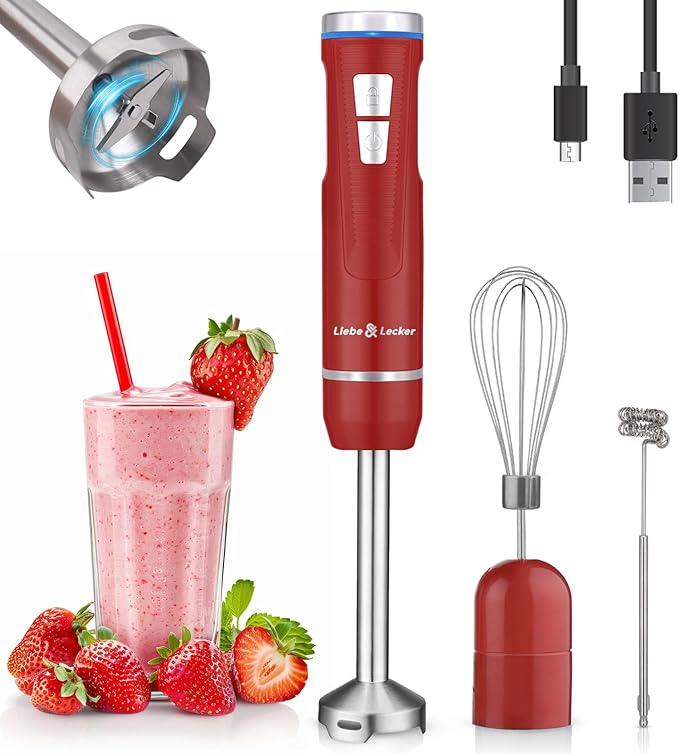 Liebe&Lecker Immersion Blender Handheld Cordless, 3 in 1 Cordless Hand Blender, 8 Speed Emulsion Blender Handheld with Whisk Milk Frother for Soup Smoothie Red