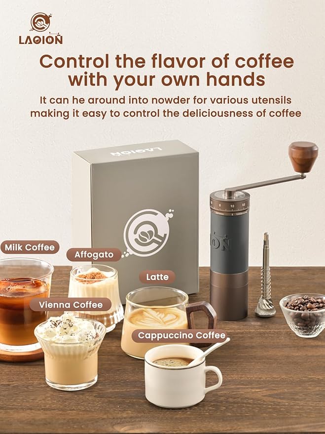 LAOION L6 Manual Coffee Grinder with Straight Handle, Hand Coffee Grinder for Espresso, Moka, Drip, French Press with External Adjustment Ring, Precision-Consistent Stainless Steel Conical Burr