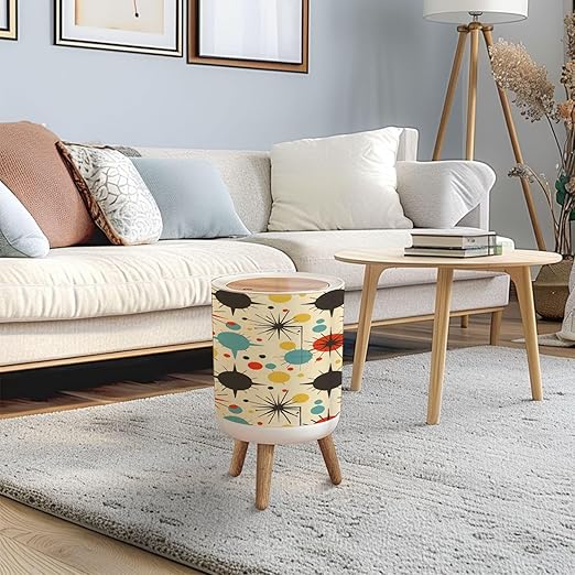 Trash Can with Lid Mid century fifties modern atomic retro colors seamless pattern Part Press Top Round Small Garbage Bin with Wooden Legs Waste Basket for Kitchen Bedroom Nursery 7L/1.8 Gallon