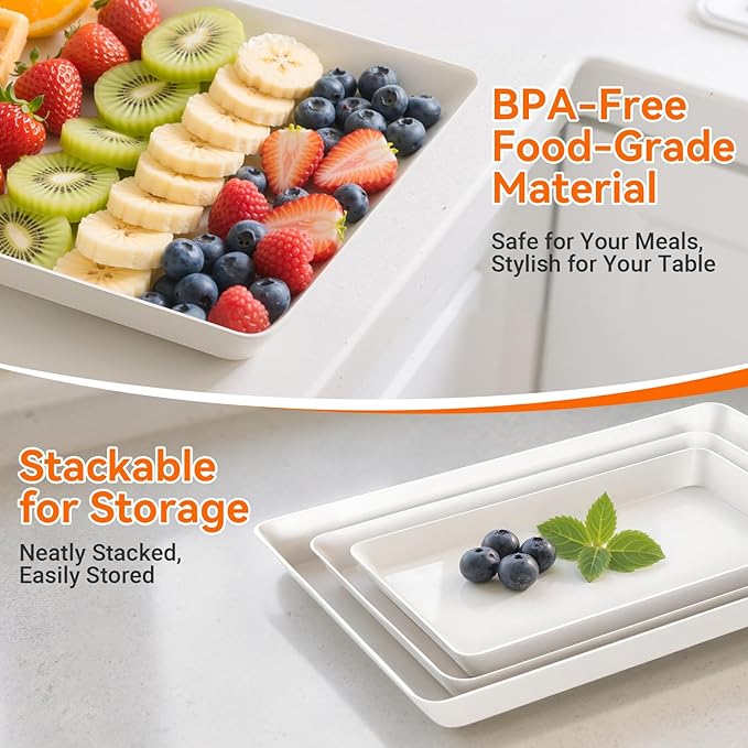 9-Pack Serving Tray for Parties, Serving Platter in 3 Sizes for Entertaining, Camping & Food Display, Plastic Trays for Cookies, Dessert, Stackable Rectangular Platters for Family(White)