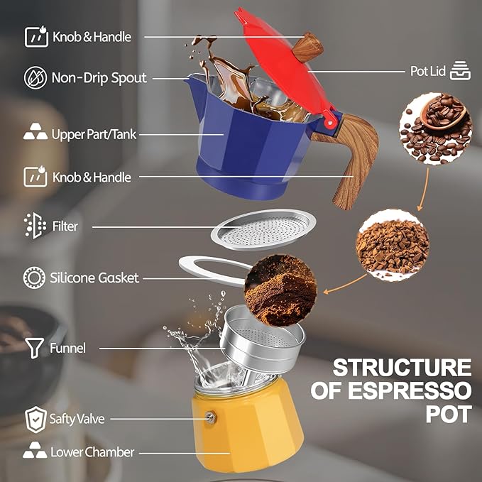 Aluminum 6 Cup 300ml Moka Pot Express Coffee Maker Stovetop Espresso Colorful Coffeemaker Italian Classic Style Brewing Greca Cafe Mocha Machine for Cafeteras Lover Camping Travel and Home Use 10oz