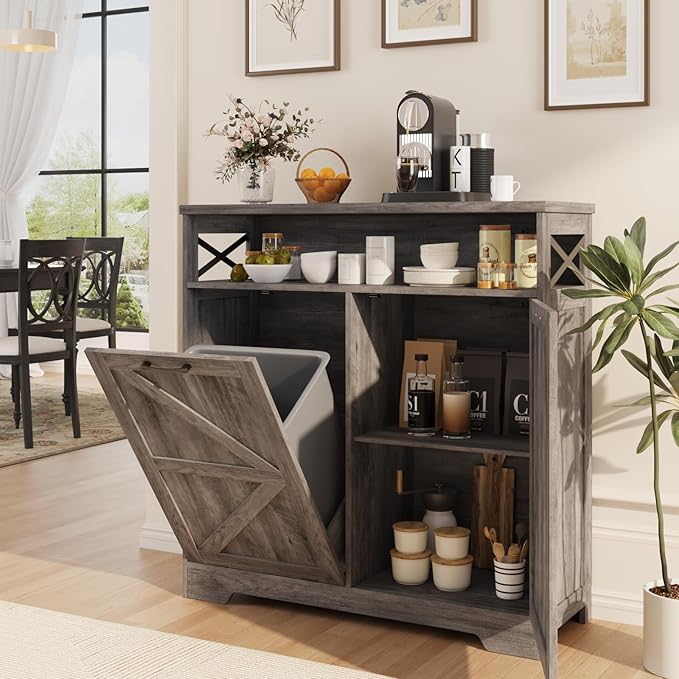 Befrases Tilt Out Trash Can Cabinet for 13 * 1 Gallon Trash Can, Farmhouse Kitchen Island Cabinet with Adjustable Shelf for Hidden Laundry Basket, Dog Proof Garbage Can for Dining Living Room, Grey