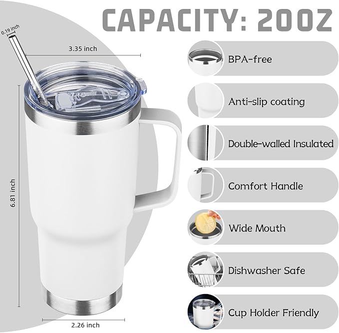 20 oz Tumbler with Handle Stainless Steel Insulated Coffee Mug Tumbler with Lid and Straw Double Wall Vacuum Insulated Coffee Mug Leak Proof Travel Mug for Hot and Cold Drink (White,4pack)