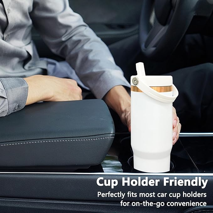 30 oz Tumbler Bulk with Handle and Straw, Vacuum Insulated Tumblers with Flip Straw and Top Handle, Leakproof Powder Coated Tumbler, Stainless Steel Travel Mug for Coffee Water (White, 8 Pack)