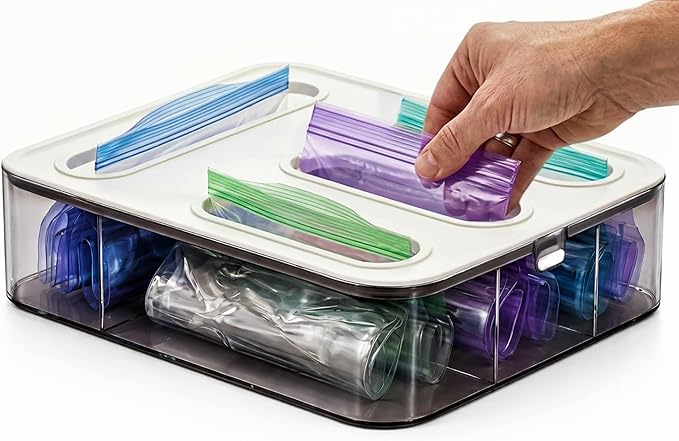 HIMUS Food Storage Bag Organizer - 4 in 1 Plastic Baggie Organizer for Drawer | Compatible with Sandwich, Snack, Gallon, Quart & Slider | Plastic Bag Organizers Kitchen Storage| Wall & Drawer Mount