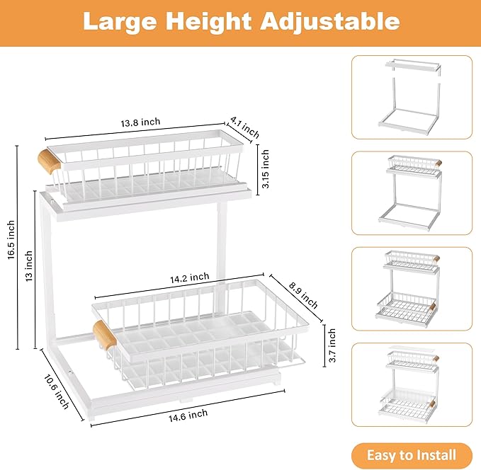 Under Sink Cabinet Organizer, 2-Tier Pull Out Storage Shelves, Adjustable Bathroom Kitchen Drawer (White, 2-Pack)