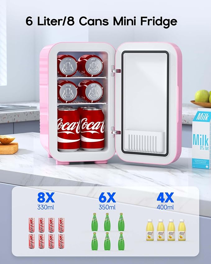 BEICHEN Mini Fridge,6 Liter / 8 Can Small Fridge for Bedroom, Car, Office & Dorm, AC100-120 V/DC 12 V Portable Thermoelectric Cooler & Warmer for Skincare, Food, Drinks,Pink