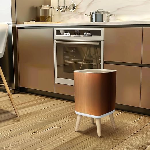 Small Trash Can with Lid Bronze Copper Metal foil Abstract Modern Wastebasket with Press Cover Dog Proof Garbage Can Waste Bin for Kitchen Bathroom Nursery 2.6 Gallon