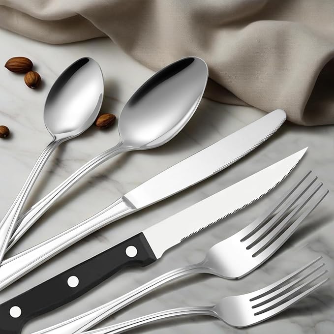 Hunycook 48-Piece Silverware Set - Silverware Set for 8, Stainless Steel Flatware Set with Forks, Knives & Spoons, Mirror Polished Cutlery Set, Dishwasher Safe