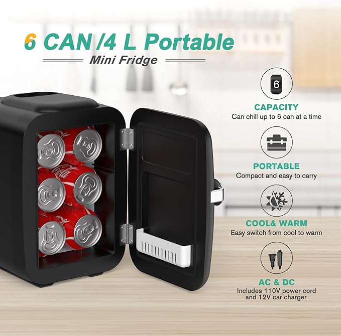 CROWNFUL Mini Fridge, 4 Liter/6 Can Portable Cooler and Warmer Personal Fridge for Skin Care, Cosmetics, Food,Great for Bedroom, Office, Car, Dorm, ETL Listed (Black)