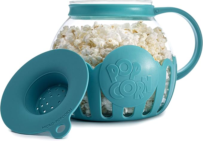 Ecolution Patented Micro-Pop Microwave Popcorn Popper with Temperature Safe Glass,3-in-1 Lid Measures Kernels and Melts Butter,Made Without BPA,Dishwasher Safe,3-Quart,Teal,(Pack of 4)