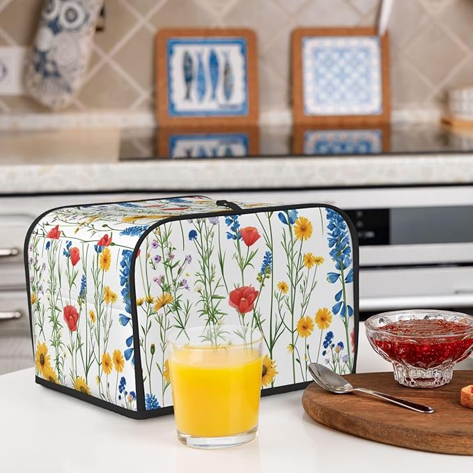 Summer Wildflower Covers for 4 Slice Toasters,Cute Country Bread Machine Cover with Handle,Washable Stain Resistant Kitchen Small Appliance Cover Dining Decor