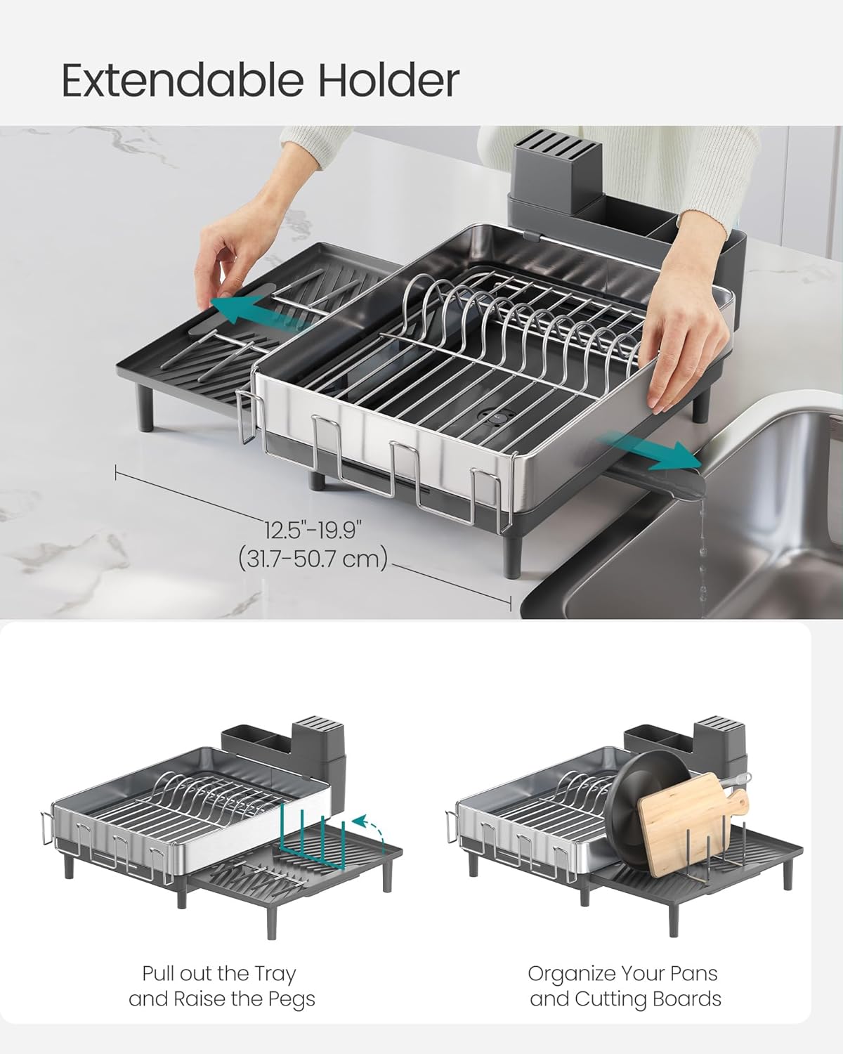 SONGMICS Large Dish Drying Rack, Expandable Dish Dryer for Kitchen Counter, Stainless Steel Dish Rack with Rotatable Spout, Utensil, Cup, Glass, Cutting Board, Pan Holders, Silver and Gray UKCS037G01