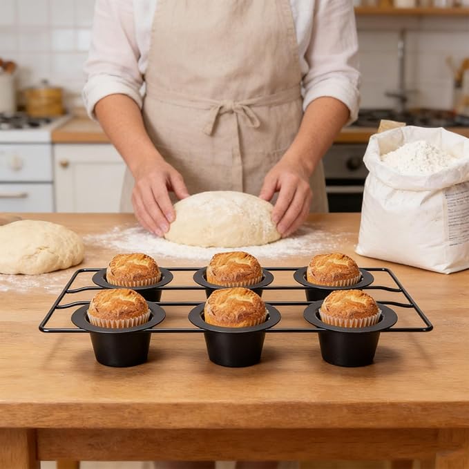 6 Cup Popover Pan, Non Stick Carbon Steel Bakeware with Wire Rack, Deep Tapered Cups Kitchen Supplies for Popovers Muffins
