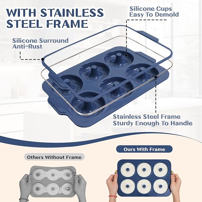 Nonstick Silicone Donut Pan: 3.5 Inch Doughnut Pan with Metal Frame - Silicone Donut Molds for Baking Gluten Free Glazed Vegan Protein Donuts Bagel - for Oven Kitchen - Home Bakers Housewife
