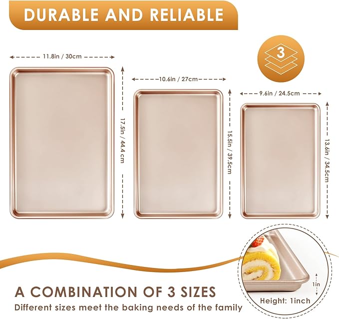 Baking Sheet Pan Set of 3, Commercial Cookie Sheets for Baking, Nonstick Half/Quarter/Jelly Roll Pans Replacement Toaster Oven Tray, Heavy Duty & Easy Clean, Rose Gold