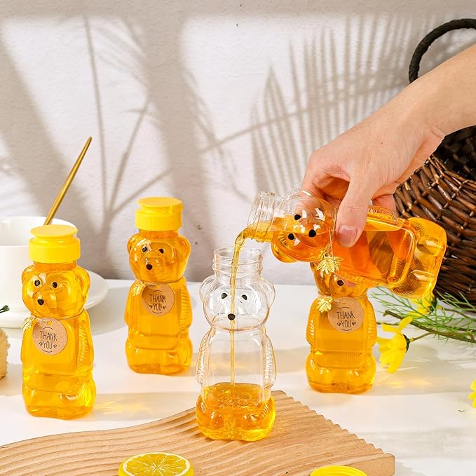 8oz Plastic Honey Bear Bottle Mini Honey Jars Party Favors Small Honey Bear Bottles with Lids Bear Shape Clear Empty Honey Jar with Screw Yellow Lid 50 Tags 2 Rolls Jute Rope (36-set)