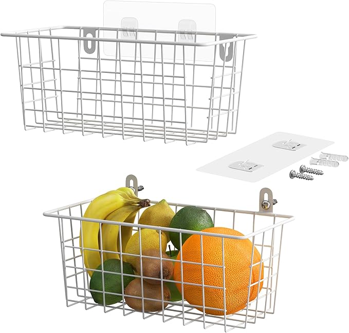 MaraFansie Hanging Kitchen Baskets Wire Storage Basket Adhesive and Screws Basket Over the Cabinet Door Organizer with Adhesive Strips and Screws Accessories, 2 Installations, 2 Pack, White