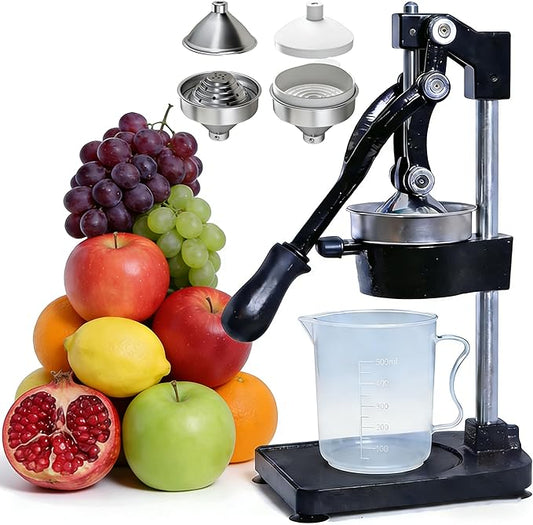 Manual Cast Iron Citrus Juicer Countertop Dual material replaceable accessories - Heavy Duty Hand Press Squeezer for Fresh Orange Lemon Juice, Commercial & Home Use, Easy to Clean, Black