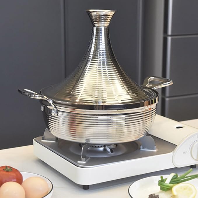 Moroccan Tagine Cooking Pot,Stainless Steel Non Stick Moroccan Casserole with 2 Handles,Large Moroccan Cooker Handmade Tagine Pot with Cone-Shaped Lid(25cm, Silver)