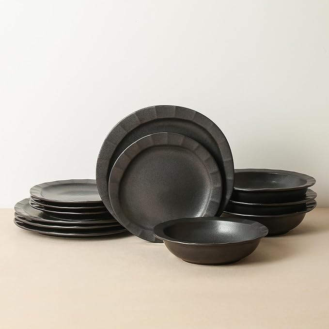 Stone Lain Oasis 24-Piece Dinnerware Set Stoneware, Dishwasher and Microwave Safe Plates and Bowls Set, Dish Set for 8, Black