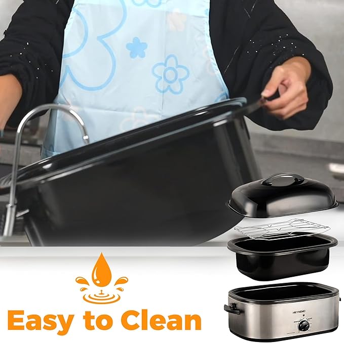 26Qt Turkey Roaster Oven Buffet with Self-Basting Lid, 1450W Electric Roaster Oven with Cool-Touch Handles, Stainless Steel Roaster Oven with Removable Pan and Rack, Silver
