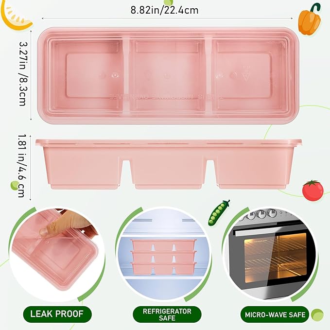 Hushee 50 Pack 17 oz Small Meal Prep Containers with 3 Compartments Snack Containers with Lid Disposable Plastic Bento Box Travel Lunch Food Boxes Stackable for Office Picnic (Pink)
