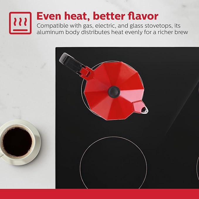 Holstein Housewares - 6 Cup Aluminum Stovetop Espresso Maker and Moka Pot - Great Tasting Traditional Espresso Coffee, Italian and Cuban Café Brewing in Minutes, Red