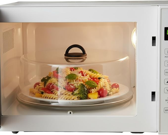 Tall Microwave Tempered Borosilicate Glass Plate Cover with Black Easy-Grip Silicone Handle - Unvented to Steam Food -Microwaveable/Oven/Stove Safe - Black Silicone Handle for Safe Easy Grip