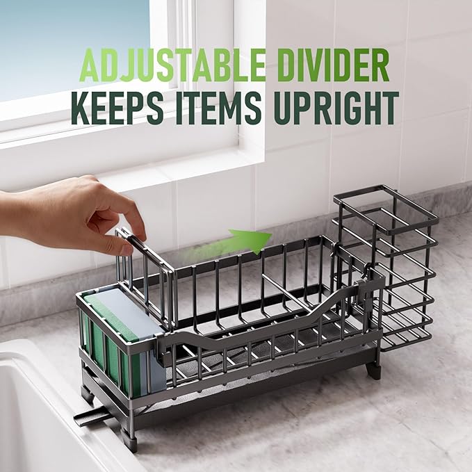 Sponge Holder for Kitchen Sink, Kitchen Sink Caddy with Long-Handled Dish Brushes Holder, 304 Rustproof Stainless Steel Countertop Organizers and Storage, Home Kitchen Sink Accessories (Black)