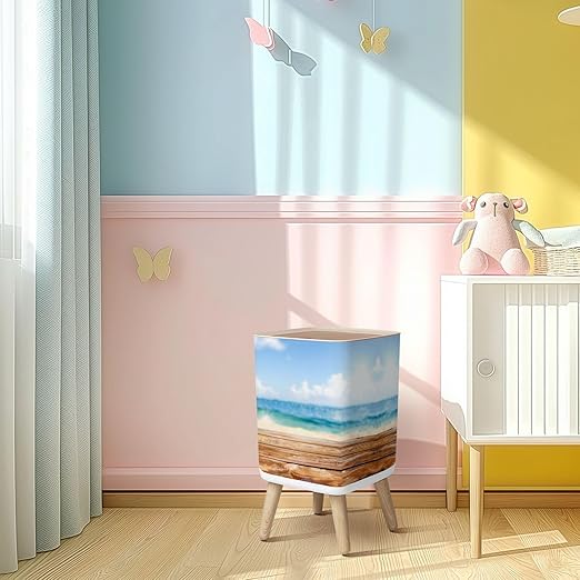 Small Trash Can with Lid Wooden table top blurred summer blue sea sky space for your display Wastebasket with Press Cover Dog Proof Garbage Can Waste Bin for Kitchen Bathroom Nursery 2.6 Gallon