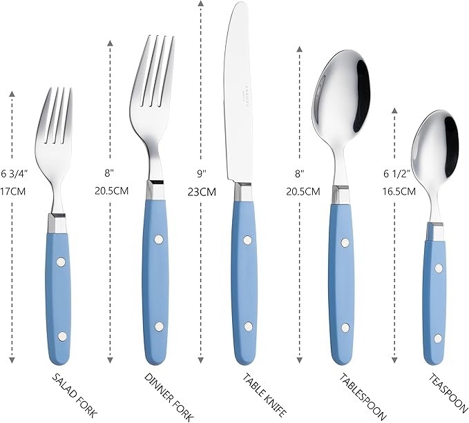 ANNOVA Silverware Set, Retro/Rivet Colorful Stainless Steel Tableware Kitchen Flatware Set Utensils, Includes Dinner Knives, Forks, Spoons, Salad Forks & Dessert Spoons (Light Blue, 20 Pieces)