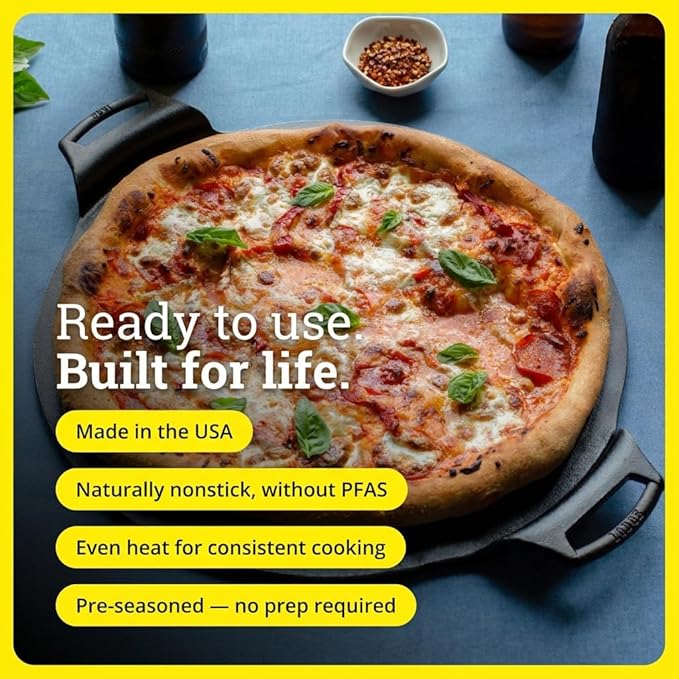 Lodge Seasoned Cast Iron Pizza Pan 15 Inch - Pre-Seasoned, Round Pizza Pan with Dual Assist Handles - Even Heat Distribution- PFAS-Free, Non-Toxic Cookware - Oven Safe