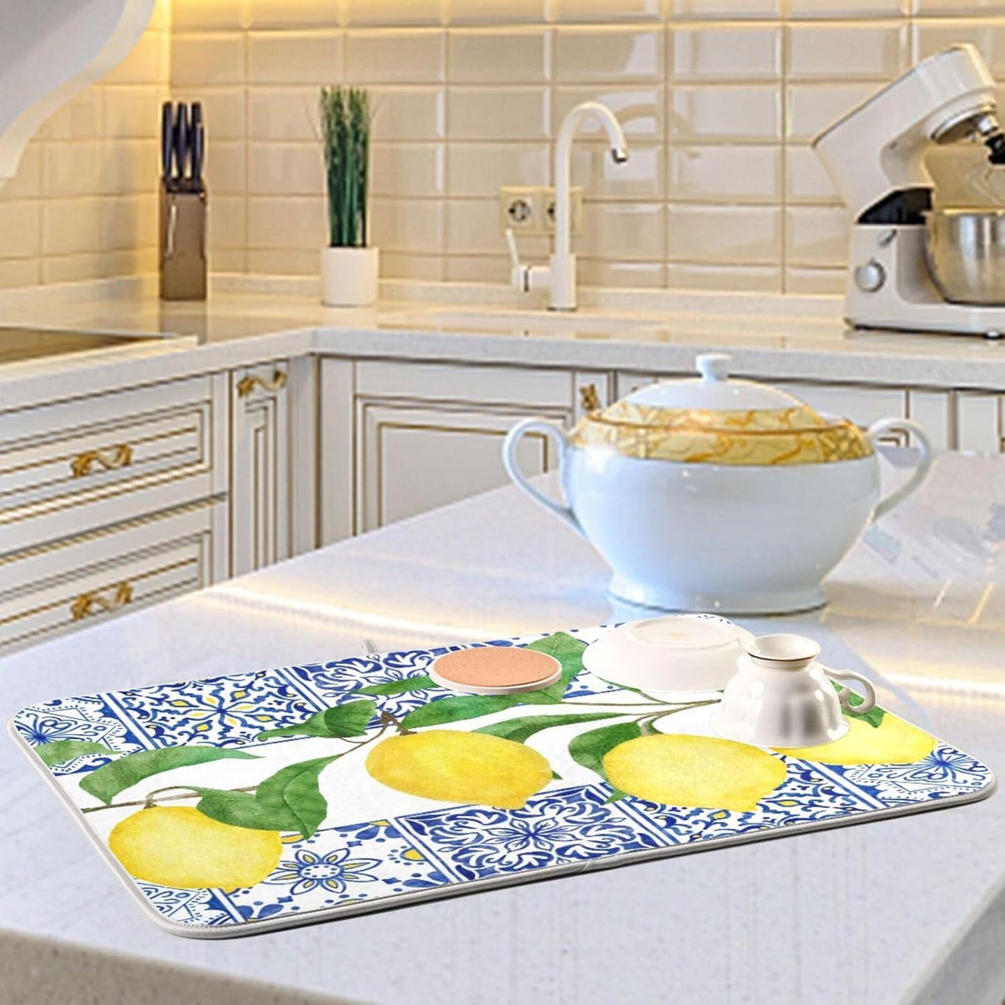 Lemon Blue Tiles Dish Drying Mat for Kitchen Counter Absorbent Microfiber Drying Pad, Large 18x24 in, Reversible Drainer Mats