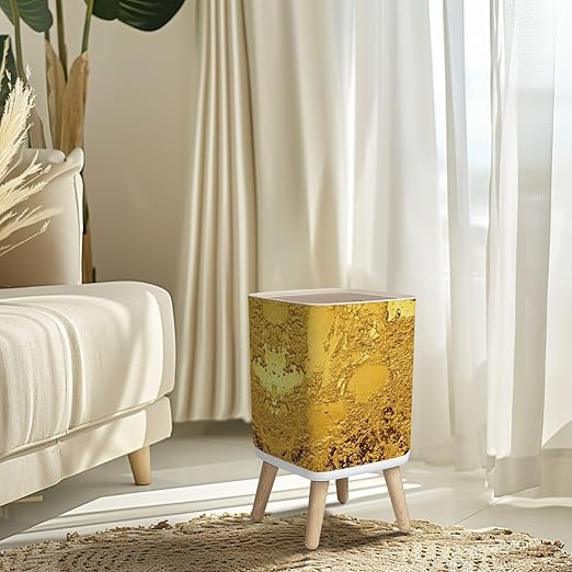 Small Trash Can with Lid Gold texture for cover cards flyers poster Bronze old paint Golden Wastebasket with Press Cover Dog Proof Garbage Can Waste Bin for Kitchen Bathroom Nursery 2.6 Gallon