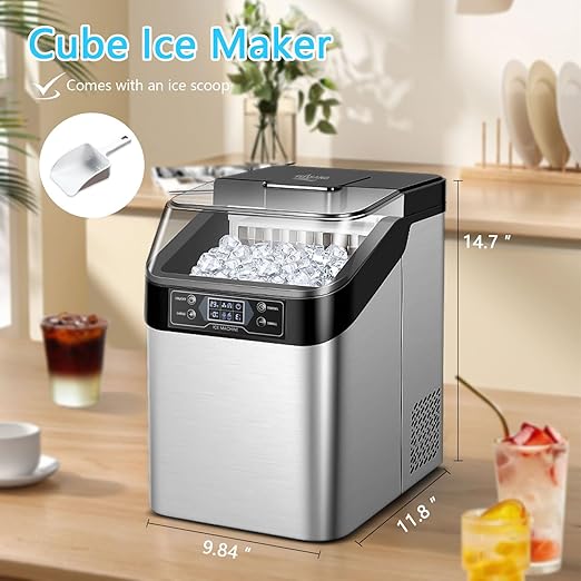Ice Maker Countertop, 2 Ways to Add Water, 33lbs/24Hrs, 24 Pcs Ready in 13 Mins, Auto-Cleaning Portable Ice Maker with Basket and Scoop, for Home/Kitchen/RV/Camping, Silver