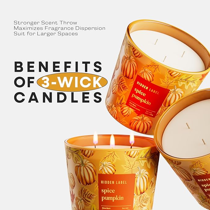 Hidden Label Pumpkin Spice Fall Candles, 3 Wick Large Scented Candle for Home, 30oz Natural Soy Candles for Home Scented,100 Hour Burn Time, Long Lasting Highly Scented Luxury Candle Gift