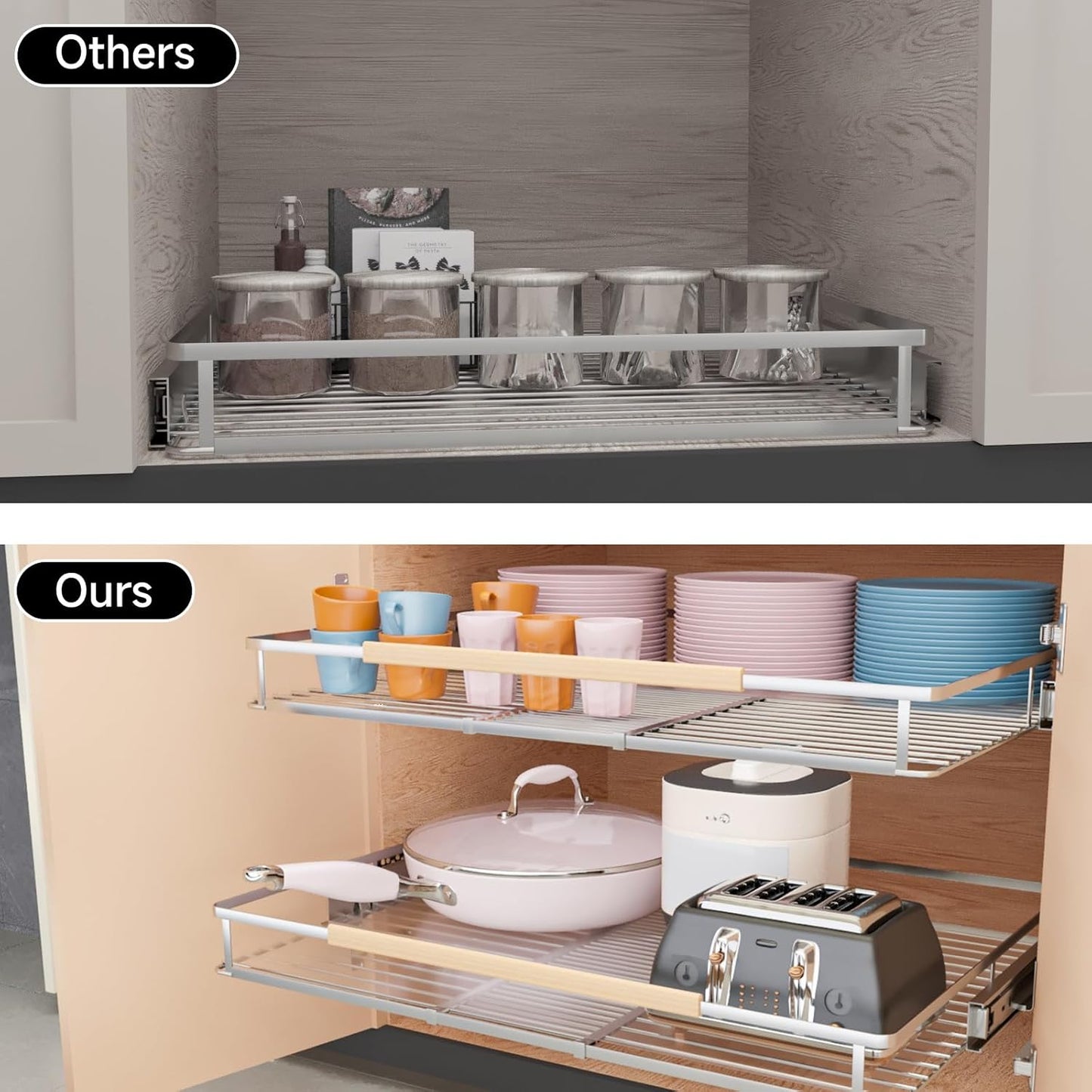 2Pack Expandable Pull Out Cabinet Organizer, Slide Out Drawers for Kitchen Cabinets, Heavy Duty Drawer Slides for Home Kitchen Pantry Cupboard Pots Pans, Adjustable Width 12.3"~18.5" W x 22.5''D