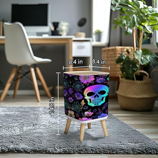 Small Trash Can with Lid Seamless Holographic Bright Human Skulls Flowers Wastebasket with Press Cover Dog Proof Garbage Can Waste Bin for Kitchen Bathroom Nursery 2.6 Gallon