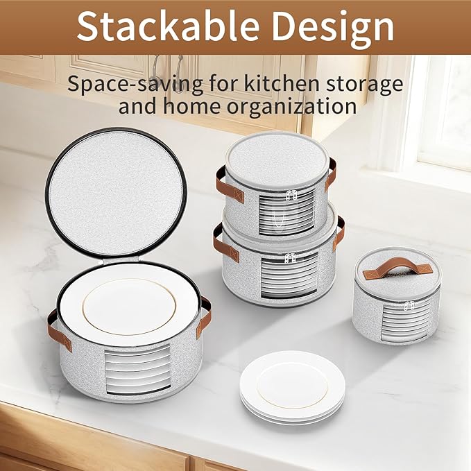 4 Piece China Storage Containers, Dish Storage Containers with Clear Windows, Hard Shell Plate Organizer with Handles, Stackable Stemware Storage Cases, Moving Boxes for Dishes, Plates, Light Gray
