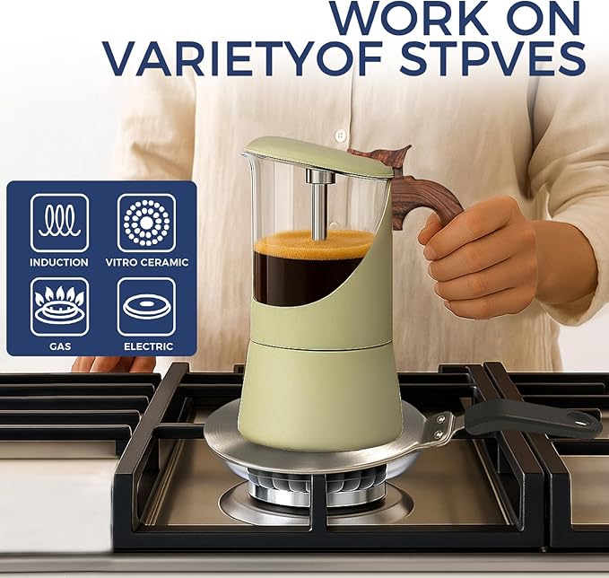 Glass Moka Pot for Stovetop & Induction - Italian Espresso Maker with Wood Handle & Leak-Proof Design - Comes with Induction Heat Diffuser Plate (6 Cup, 240ml)