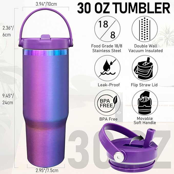 30 oz Tumbler Bulk with Handle and Straw, Vacuum Insulated Tumblers with Flip Straw and Top Handle, Leakproof Powder Coated Tumbler, Stainless Steel Travel Mug for Coffee (BluePurple, 8 Pack)
