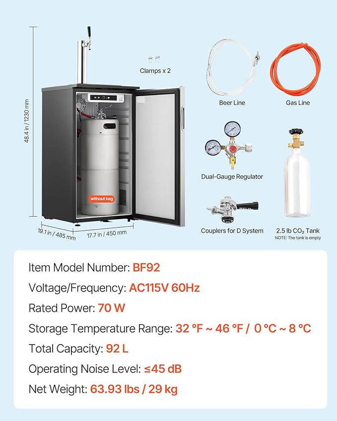 VEVOR Beer Kegerator, Single Tap Commercial Draft Beer Dispenser for D system, Refrigerator With Shelves, Hold 1 Sixth Keg, 2.5lbs CO2 Tank, 92L