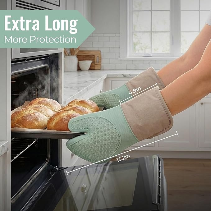 8-Piece Silicone Oven Mitts and Pot Holders Set with Hanging Loops - Heat Resistant Kitchen Gloves with Non-Slip Honeycomb Grip - Includes Mini Mitts & Trivet Mats for Cooking, Baking - Green