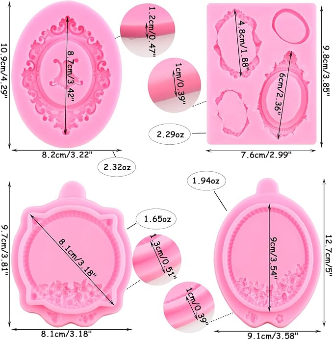 Mujiang Picture Frames Silicone Mold Photo Frame Fondant Molds Vintage Frame Mold For Sugar Cake Decorating Cupcake Topper Chocolate Gum Paste Candy Polymer Clay Set Of 4