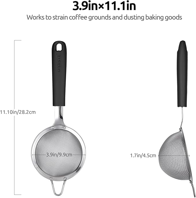 U-Taste 12 Piece Measuring Cups and Spoons Set in 18/8 Stainless Steel, and 18/8 Stainless Steel 3.9 inch 30 Mesh Strainer (Black)
