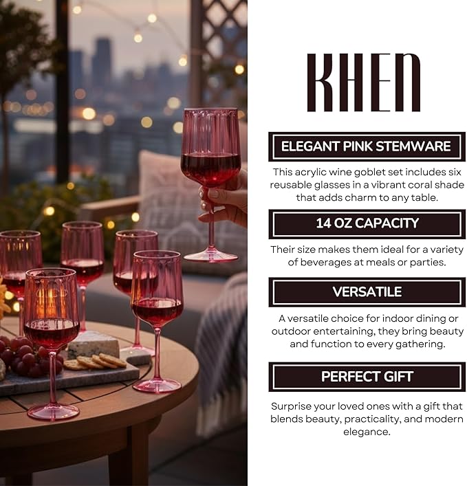 Khen Acrylic Lucia Stemmed Goblets - Unbreakable Wine Glasses Reusable Drinking Cups Dishwasher Safe Elegant Stemware for Cocktail Champagne | Kitchen Bar Party | Set of 6 |14oz | Coral