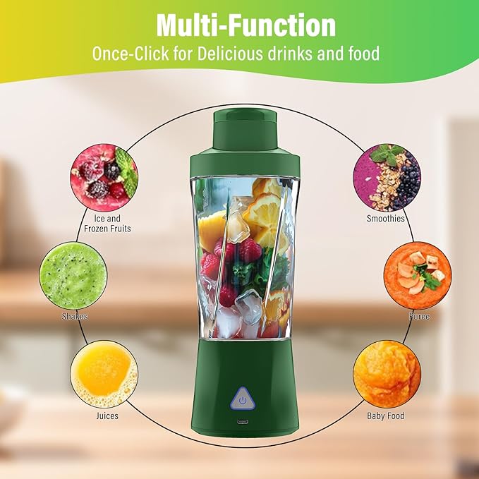 Portable Blender, 360W Personal Blender for Shakes and Smoothies for Kitchen, 24 Oz BPA Free Traveling Juicer Cup and Lid with 6 Blades, Self Cleaning Portable Juicer for Kitchen/Travel/Gym, Green