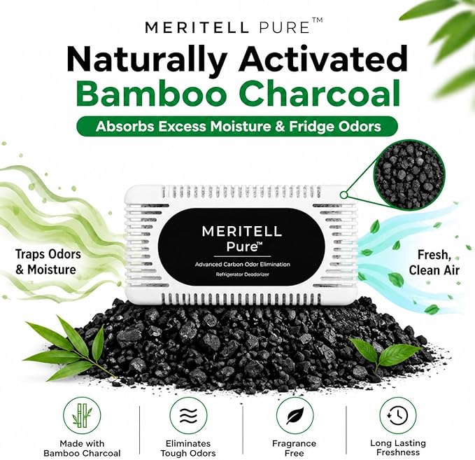 Fridge Deodorizer – Activated Charcoal Refrigerator Odor Eliminator – Long-Lasting Fridge Odor Absorber for Freezer, Cooler & Lunch Box – Baking Soda Alternative (4 PACK)